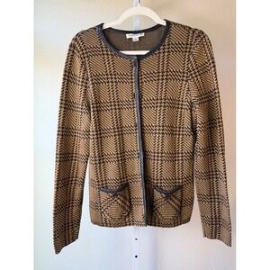 Pendleton Plaid Merino Wool Leather Trim Cardigan Sweater Jacket Womens M